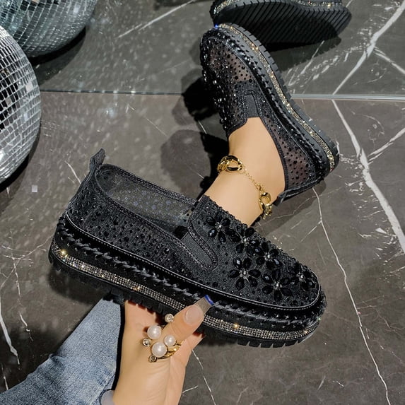 Xucatan Women's Fashionable Rhinestone Embellished Mesh Flats with Floral Appliqués, Breathable Slip-On Loafers with Cushioned Padded Insole, Sparkly Round Toe Comfortable Shoes Gift
