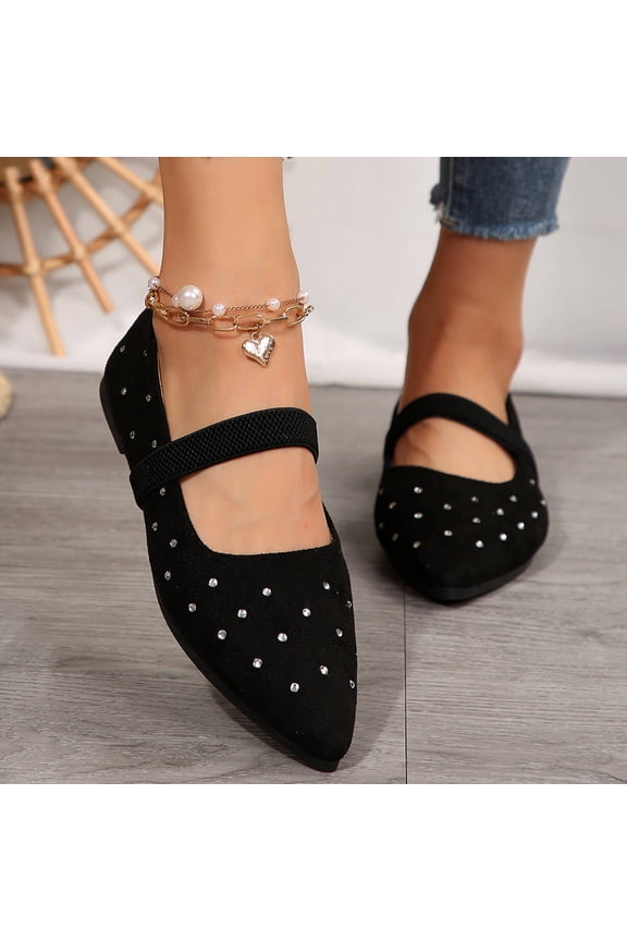 Women's Fashionable Rhinestone Pointed Toe Flats with Elastic Mary Jane Strap, Sparkly -Like Upper Slip-On Shoes, Cushioned Padded Insole Comfortable Loafers Gift