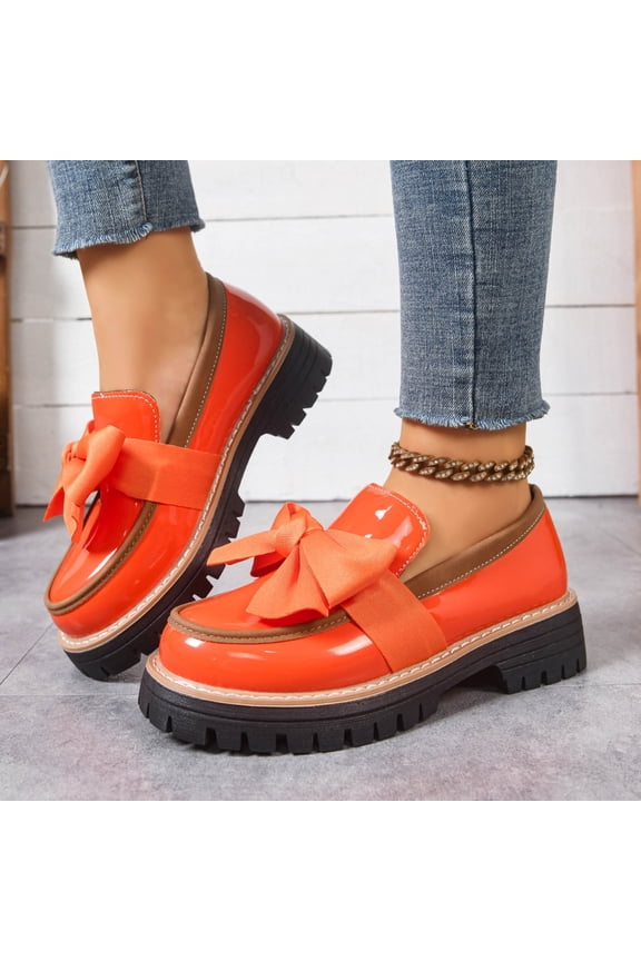 Women's Fashionable Thick-Soled Loafers with Large Satin Bow, Glossy Patent Leather Upper, Contrast Stitching Chunky Platform, Slip-On Comfortable Flats for Spring Summer Casual Wear Gift