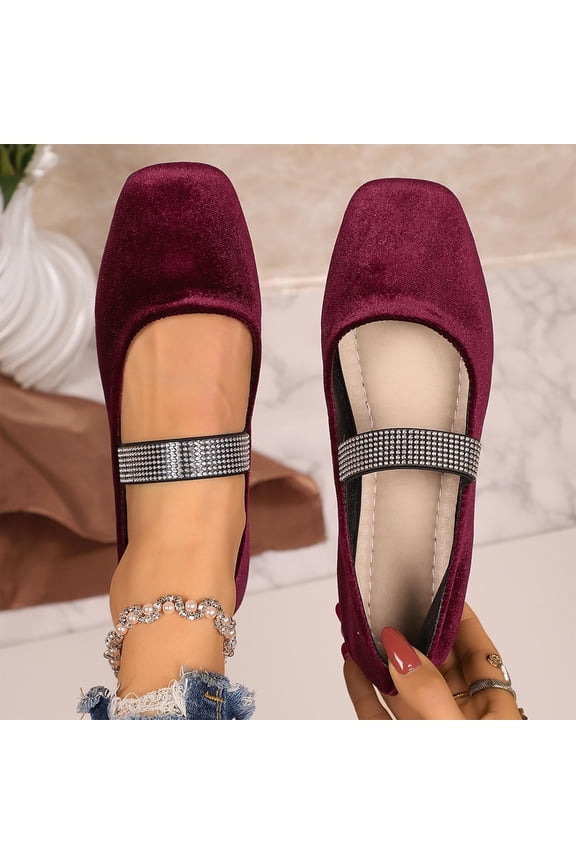 Women's Fashionable Velvet Mary Jane Flats with Rhinestone Embellished Strap, Pointed Toe Slip-On Shoes with Cushioned Insole, Flexible Non-Slip Sole Comfortable Flats Gift