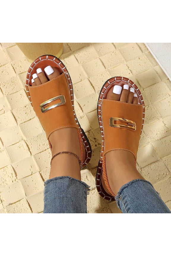 Women's Faux Suede Slides, Round Toe Open Toe Flat Sandals with Elastic Back Strap, Padded Insole Casual Slippers, Versatile Summer Beach Footwear Gift