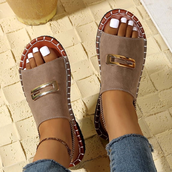 Xucatan Women's Faux Suede Slides, Round Toe Open Toe Flat Sandals with Elastic Back Strap, Padded Insole Casual Slippers, Versatile Summer Beach Footwear Gift
