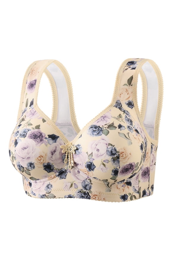 Women's Fixed Cup Wirefree Bra, Breathable Thin Lightly Lined Design, Soft Stretch Polyester Embroidery Trim, Smooth Rimless Gather Style for Daily Casual Gift