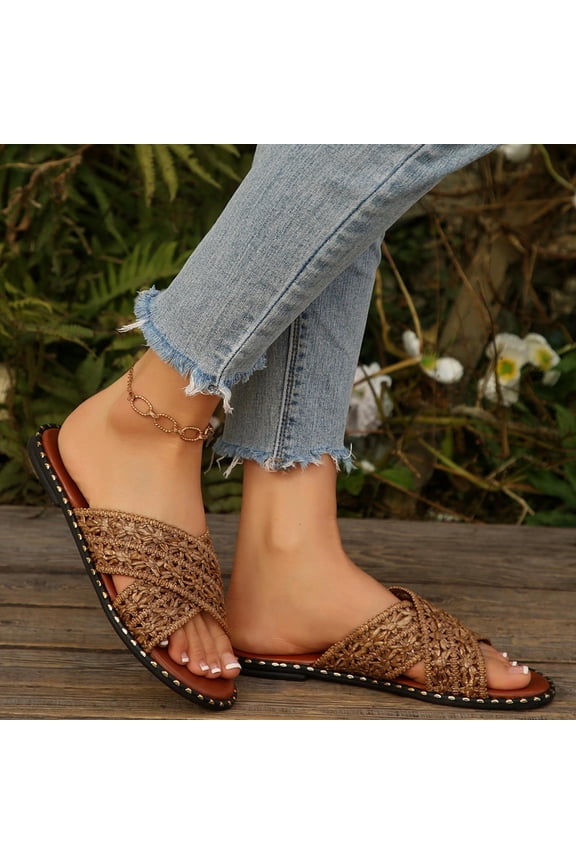 Women's Flat Sandals, Bohemian Gladiator Strappy Footwear with Woven Design, Non-Slip Sole for Beach Vacation Wear Gift