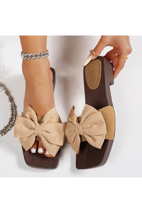 Women's Flat Sandals, Plus Size Beach Mules with Oversized Glitter Bow, Thick Wood Grain Block Heel Footwear, Casual Spring Summer Slide Design for Daily Wear Gift