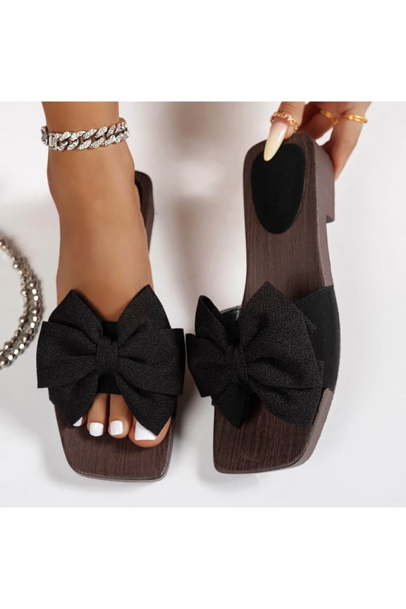 Women's Flat Sandals, Plus Size Beach Mules with Oversized Glitter Bow, Thick Wood Grain Block Heel Footwear, Casual Spring Summer Slide Design for Daily Wear Gift