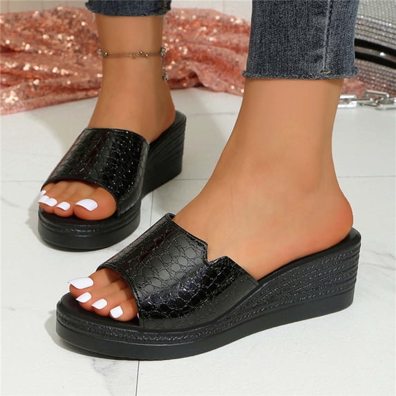 Xucatan Women's Floral Embroidered Detail Wedge Mules, Round Toe Open Toe Platform Slippers with Padded Insole, Chunky Heel Casual Summer Sandals, Versatile Solid Color Design for Beach Outdoor Gift