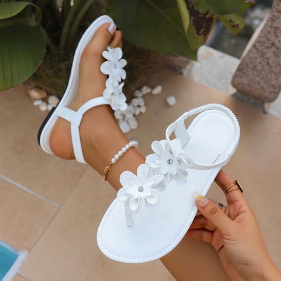 Xucatan Women's Floral Flat Sandals, Summer Boho Beach Thong with Rhinestone Accent, Lightweight Flexible Walking Footwear for Outdoor Vacation Gift