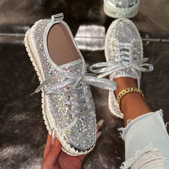 Xucatan Women's Glitter Sparkly Fashion Rhinestone Sneakers Casual Non Slip Comfortable Platform Shoes Wedding Walking Shoes Gift