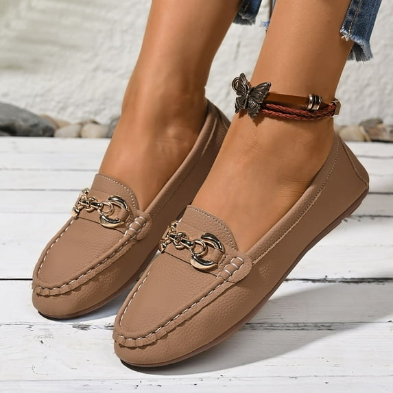 Xucatan Women's Gold Chain Loafers, Pebbled Leather Slip On Flats, Comfortable Cushioned Casual Shoes with Metal Buckle Detail Gift