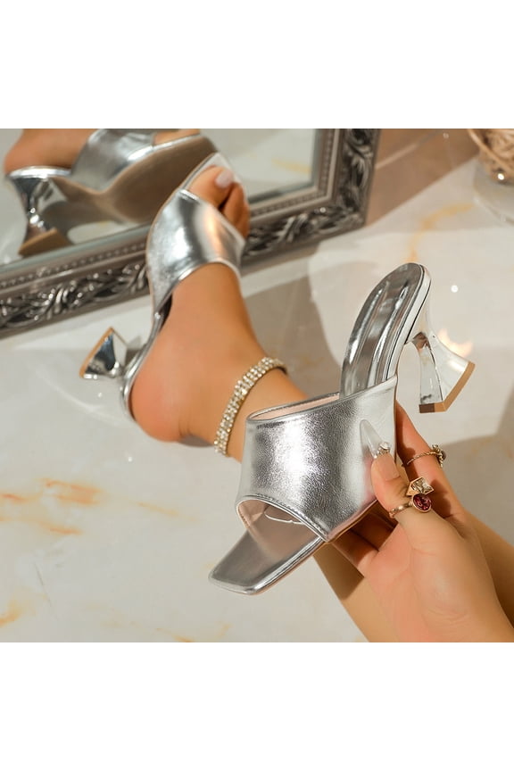 Women's High Heel Sandals, Square Open Toe Metallic Mules with Chunky Heel, Unusual Sculpted Block Heel Slippers, Versatile Summer Evening Style Gift