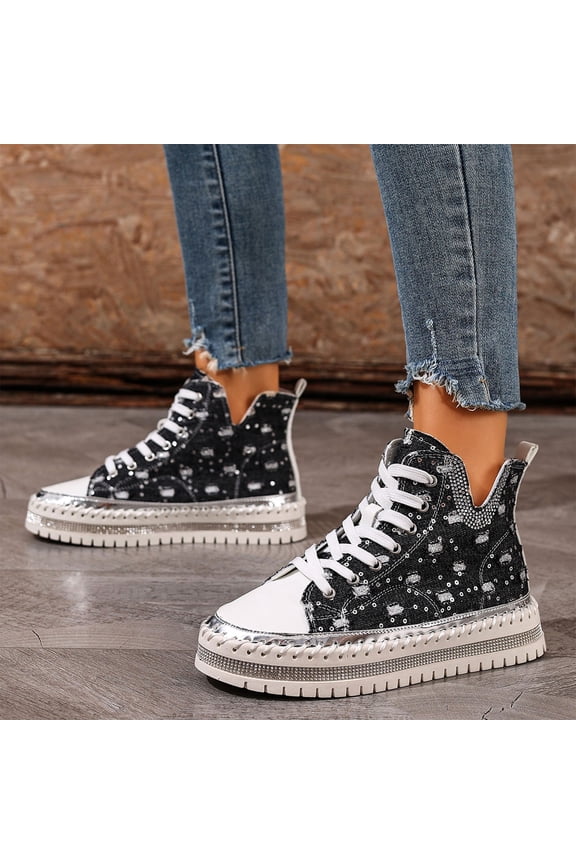 Women's High Top Platform Sneakers Canvas Sneakers Denim Rhinestone Fashion Walking Casual Lace Up Fashion Shoes Casual Platform Ankle Boots Gift