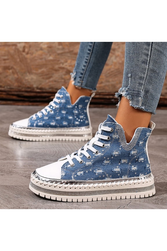 Women's High Top Platform Sneakers Canvas Sneakers Denim Rhinestone Fashion Walking Casual Lace Up Fashion Shoes Casual Platform Ankle Boots Gift
