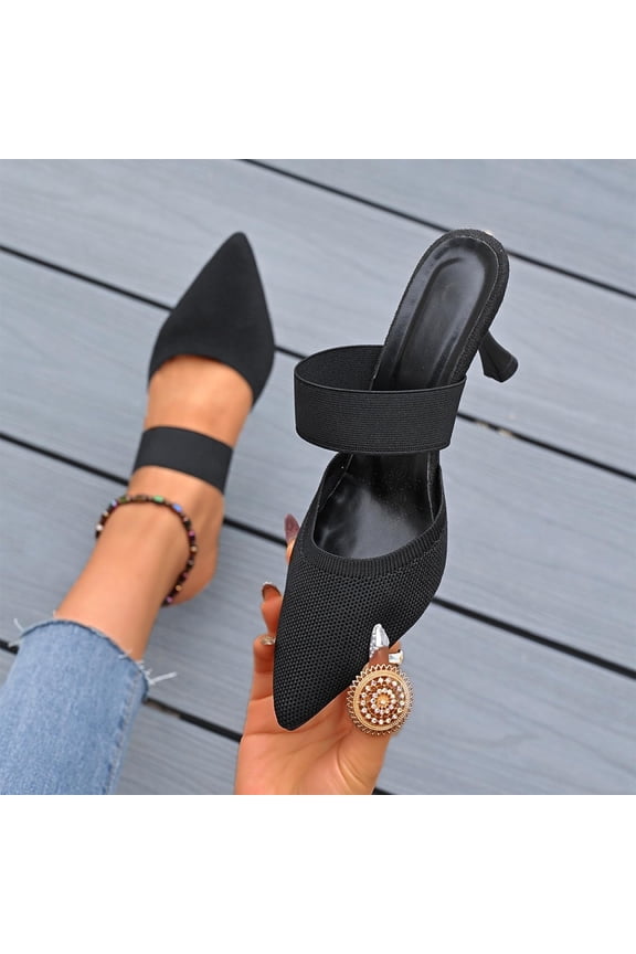 Women's Knit Pointed Toe Mules, Elastic Strap Slip On Heels, Cushioned Comfortable High Heel Shoes for Office Daily Spring Gift
