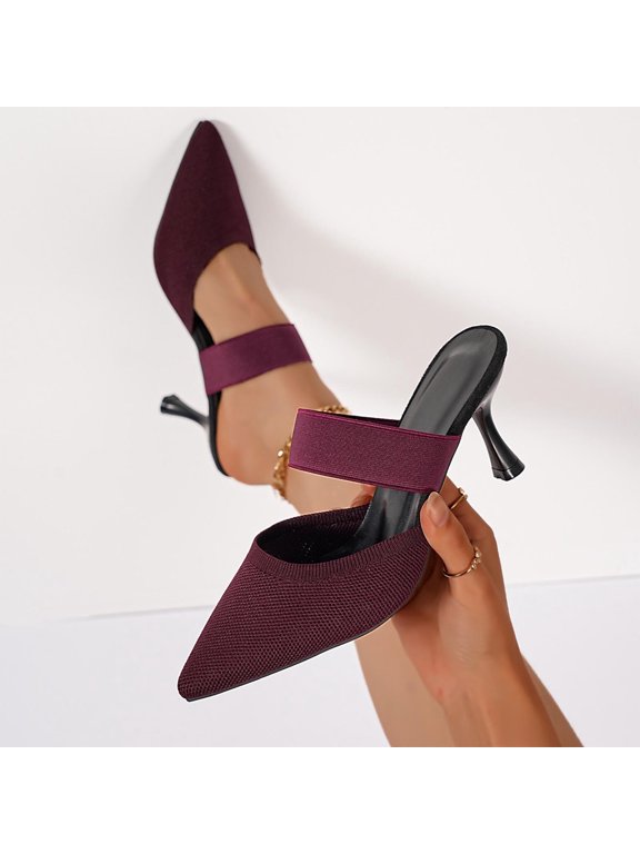 Women's Knit Pointed Toe Mules, Elastic Strap Slip On Heels, Cushioned Comfortable High Heel Shoes for Office Daily Spring Gift