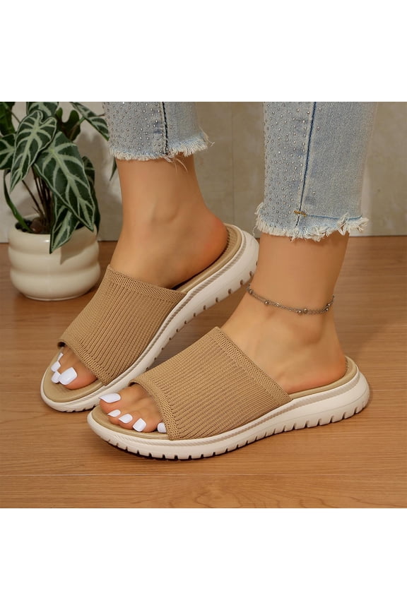 Women's Knit Slide Sandals, Fish Mouth Open Toe Slippers with Thick EVA Sole, Stretchy Elastic Strap Casual Summer Shoes, Versatile Solid Color Design for Beach Outdoor Gift