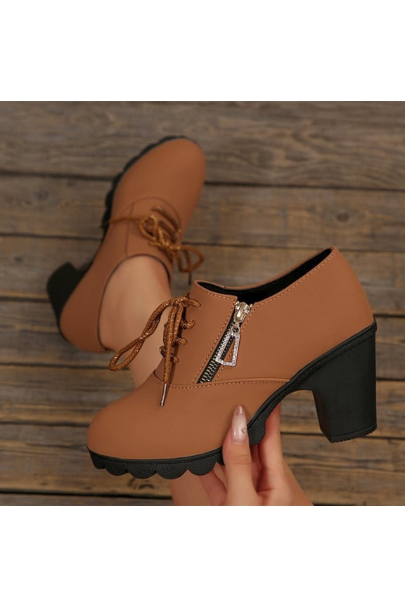 Women's Lace up Mid Heel Mary Jane Shoes with Side Zipper, Round Toe Closed Toe Loafers, Comfortable Block Heels for All Day Walking, Versatile British Style Flats Gift