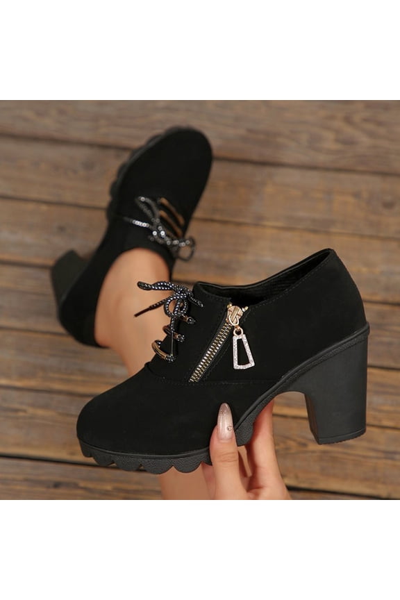 Women's Lace up Mid Heel Mary Jane Shoes with Side Zipper, Round Toe Closed Toe Loafers, Comfortable Block Heels for All Day Walking, Versatile British Style Flats Gift