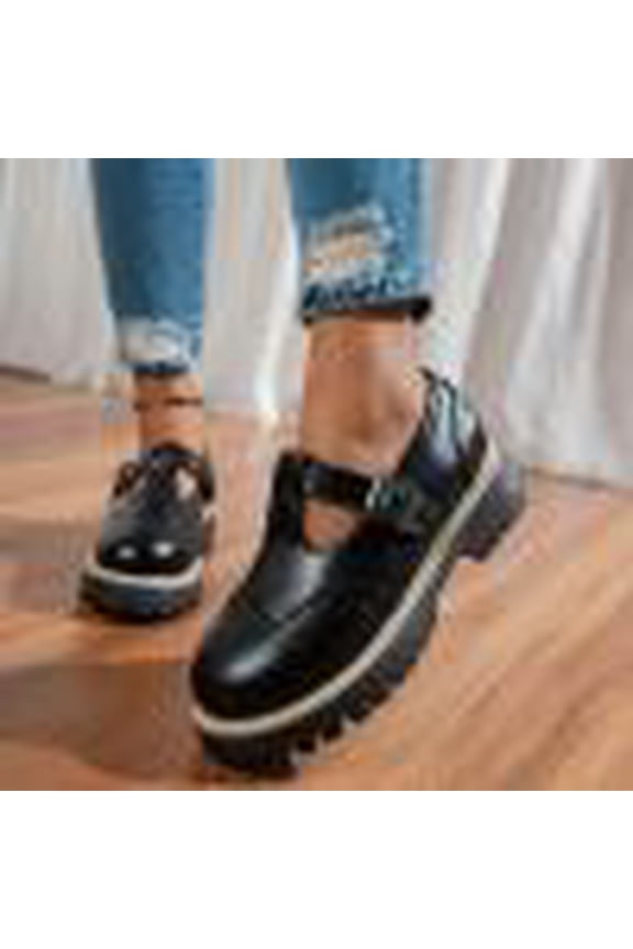 Women's Mary Jane Loafers, Chunky Sole Brogue Flat Shoes, Glossy Leather T-Strap Footwear, Versatile Spring Summer Everyday Style Gift