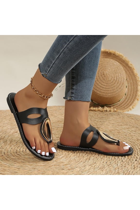 Women's Metal Buckle Thong Sandals, Perforated Toe Post Flat Slides with Non Slip Sole, Open Toe Casual Beach Slippers, Versatile Spring Summer Footwear Gift