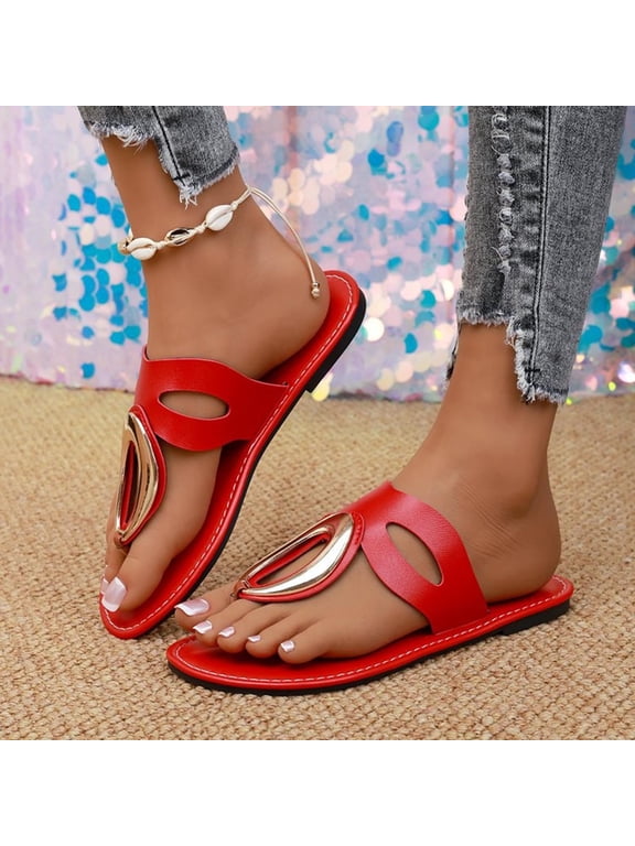 Women's Metal Buckle Thong Sandals, Perforated Toe Post Flat Slides with Non Slip Sole, Open Toe Casual Beach Slippers, Versatile Spring Summer Footwear Gift