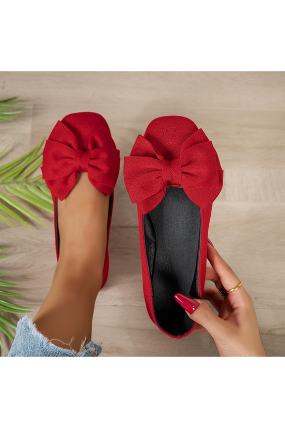 Women's Oversized Bow Flats, Glitter Ruched Toe Slip On Loafers, Cushioned Comfortable Round Toe Shoes for Party Daily Spring Gift