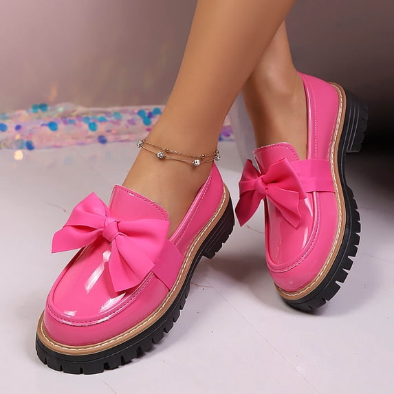 Xucatan Women's Patent Leather Bow Loafers, Chunky Platform Slip On Shoes, Thick Sole Comfortable Casual Flats for Spring Summer Daily Gift