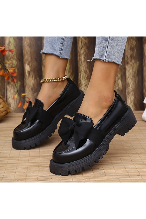 Women's Patent Leather Bow Loafers, Round Toe Chunky Heel Slip On Shoes, Fashion Comfortable Platform Flats for Office Daily Gift