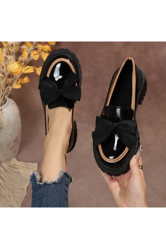 Women's Patent Leather Loafers, Round Toe Closed Toe Low Heel Slip On Shoes with Chunky Sole, British Style Comfortable Platform Flats, Versatile Casual Office Footwear Gift