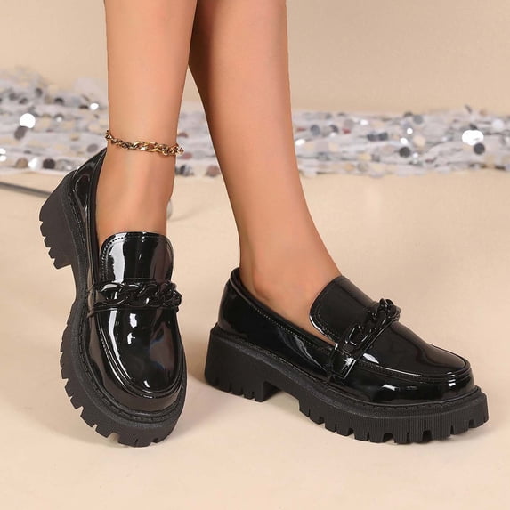 Xucatan Women's Patent Leather Loafers, Round Toe Closed Toe Low Heel Slip On Shoes with Chunky Sole, British Style Comfortable Platform Flats, Versatile Casual Office Footwear Gift
