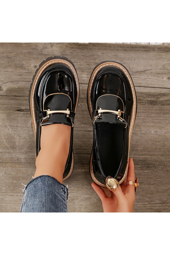 Women's Patent Leather Loafers, Structured Bow Embellished Block Heel Shoes with Chunky Platform, Round Toe Vintage Casual Pumps, Versatile Plus Size Design for Spring Gift
