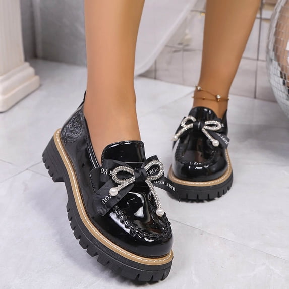 Xucatan Women's Patent Leather Pointed Toe Flats with Hollow Bow and Rhinestone Detail, Serrated Platform Loafers with Height Increase, Comfortable Slip On Shoes for Spring Summer Walking Gift