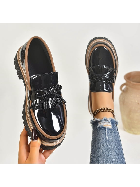 Women's Patent Leather Tassel Loafers, Chunky Sole Slip-On Flat Shoes, Classic British Style Casual Shoes for Women, Plus Size Uniform Shoes Gift