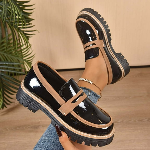 Xucatan Women's Patent Leather Tassel Loafers, Chunky Sole Slip-On Flat Shoes, Classic British Style Casual Shoes for Women, Plus Size Uniform Shoes Gift