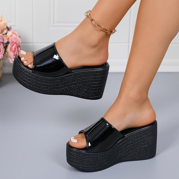 Xucatan Women's Patent Leather Wedge Mules, Peep Toe Espadrille Slippers with Woven Platform Sole, Chunky High Heel Sandals with Padded Insole, Versatile Solid Color Design for Summer Party Gift