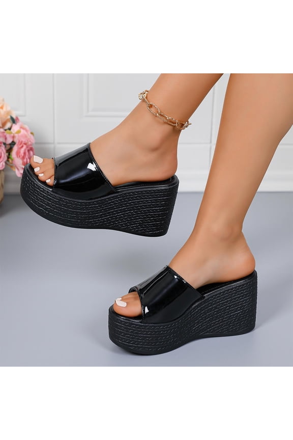 Women's Patent Leather Wedge Mules, Peep Toe Espadrille Slippers with Woven Platform Sole, Chunky High Heel Sandals with Padded Insole, Versatile Solid Color Design for Summer Party Gift
