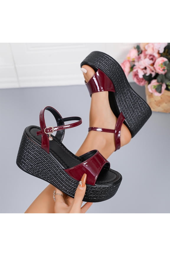 Women's Patent Leather Wedge Sandals, Peep Toe Double Strap Slides with Espadrille Sole, Adjustable Ankle Buckle Platform Heels, Versatile Summer Party Footwear Gift