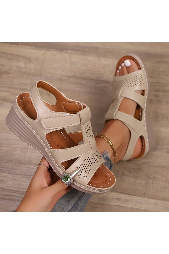 Women's Perforated Peep Toe Wedge Sandals, Adjustable Ankle Strap Footwear, Plus Size Casual Summer Shoes Gift