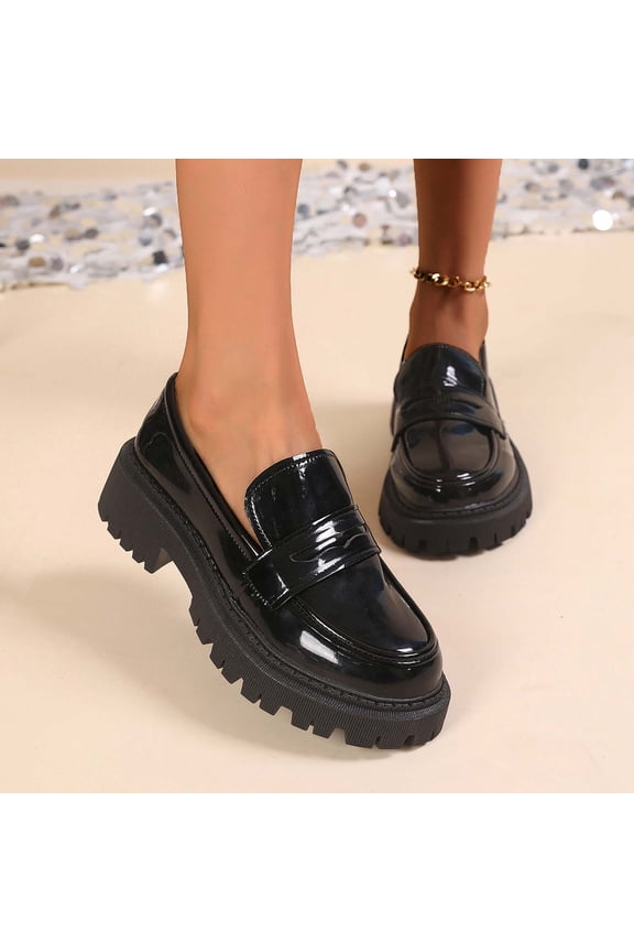 Women's Platform Loafers, Glossy Round Toe Mules with Thick Lug Sole, Easy On Cushioned Insole Shoes, Versatile Everyday Work Weekend Style Gift