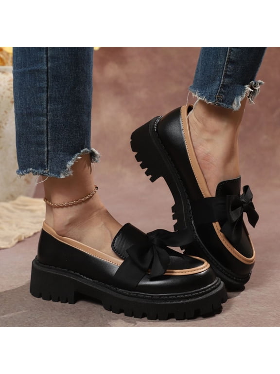 Women's Platform Loafers, Glossy Round Toe Mules with Thick Lug Sole, Easy On Cushioned Insole Shoes, Versatile Everyday Work Weekend Style Gift