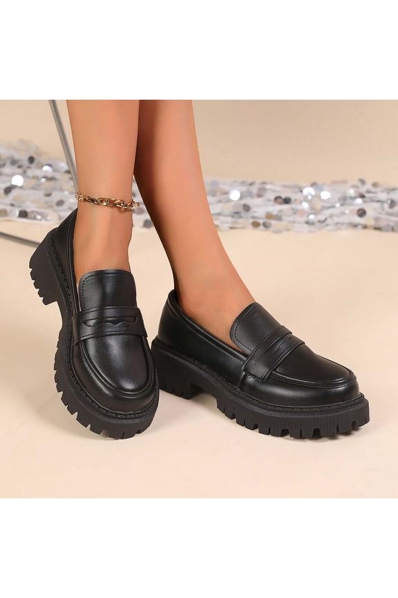 Women's Platform Loafers, Glossy Round Toe Mules with Thick Lug Sole, Easy On Cushioned Insole Shoes, Versatile Everyday Work Weekend Style Gift