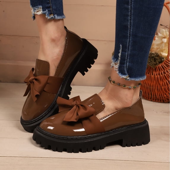 Xucatan Women's Platform Loafers with Bow, Round Toe Thick Sole Casual Shoes, British Style Comfortable Mid Heel Flats for Daily Wear Gift