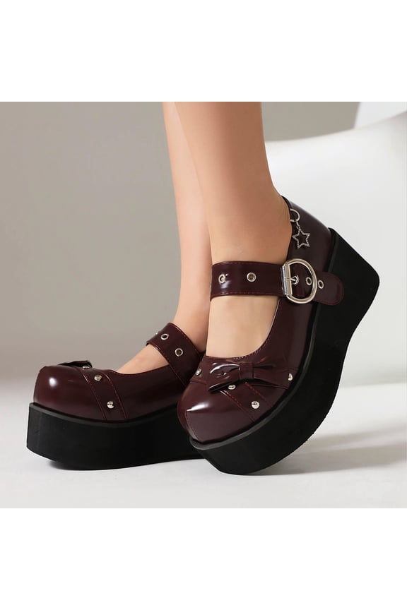 Women's Platform Mary Jane Shoes with Buckle Strap, Round Toe Thick Sole Flats with Bow and Stud Detail, Patent Leather Comfortable Loafers for Fall Winter Walking Gift
