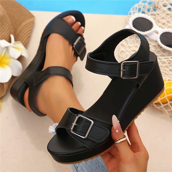 Xucatan Women's Platform Wedge Sandals, Round Toe Open Toe Slides with Adjustable Buckle Strap, Padded Footbed Chunky Sole Shoes, Versatile Spring Summer Beach Footwear Gift