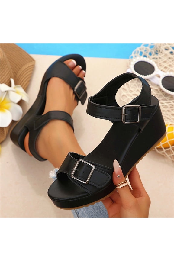 Women's Platform Wedge Sandals, Round Toe Open Toe Slides with Adjustable Buckle Strap, Padded Footbed Chunky Sole Shoes, Versatile Spring Summer Beach Footwear Gift