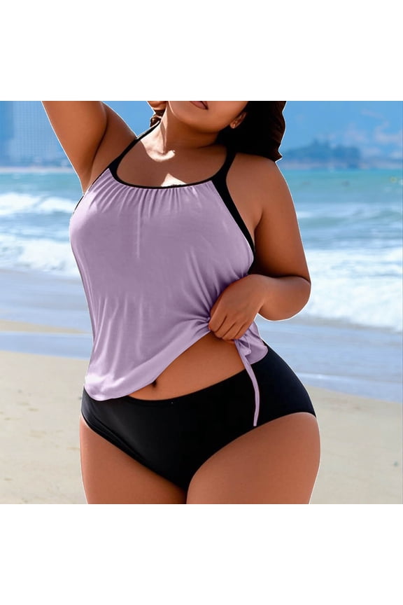 Women's Plus Size Drawstring Tankini Set with Removable Pads and Loose Fit Top, Wire Free Two Piece Swimsuit with High Cut Bottom for Beach Pool Vacation Gift