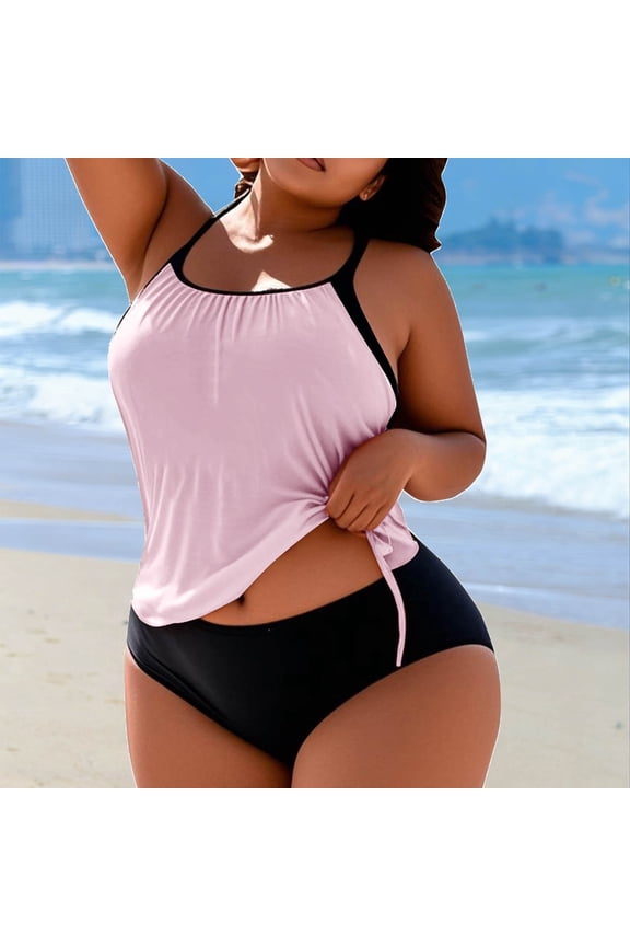 Women's Plus Size Drawstring Tankini Set with Removable Pads and Loose Fit Top, Wire Free Two Piece Swimsuit with High Cut Bottom for Beach Pool Vacation Gift