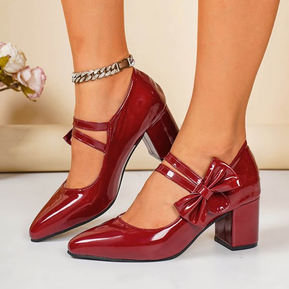 Xucatan Women's Plus Size Heeled Sandals, Glossy Patent Pointed Toe with Oversized Bow Accent, Sturdy Block Heel Dressy Footwear Gift