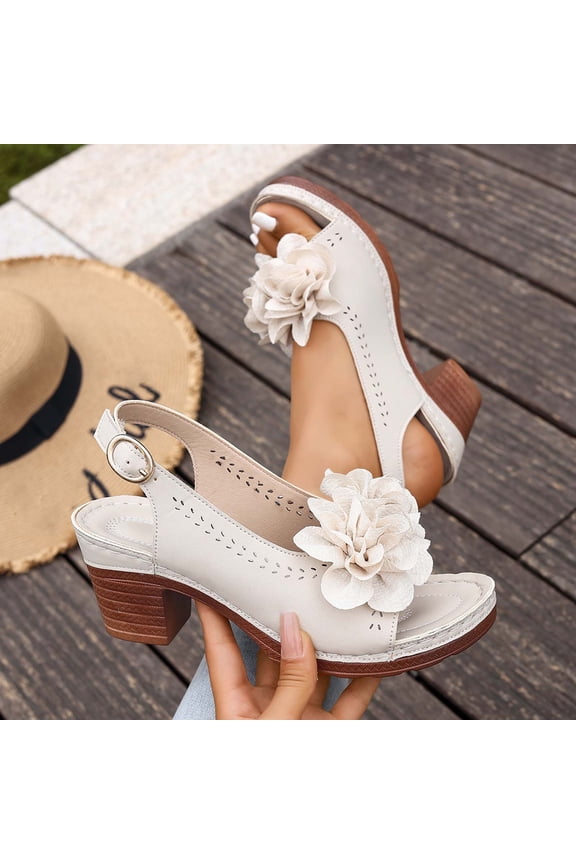 Women's Plus Size Heeled Sandals, Romantic Floral Detail with Adjustable Buckle Ankle Strap, Stable Block Heel for All Day Wear Gift