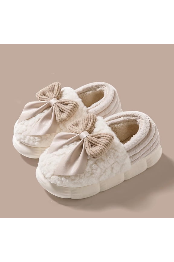 Women's Plush Fuzzy Slippers with Bow, Non-Slip Indoor Outdoor House Shoes, Warm Cozy Winter Slippers for Women with Closed Back Gift